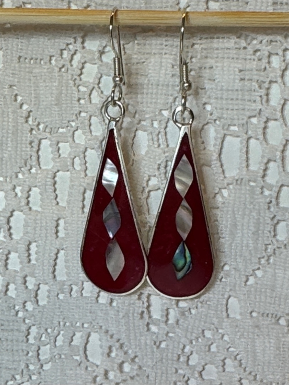 Silver & Red Teardrop Inlay Dangle Earrings with Silver Hooks Made Mexico